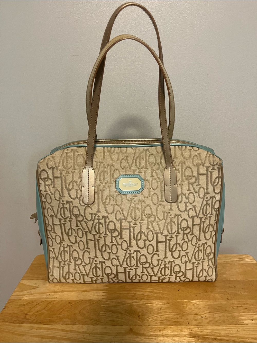 Victor Hugo Beige/Blue Logo Tote Bag